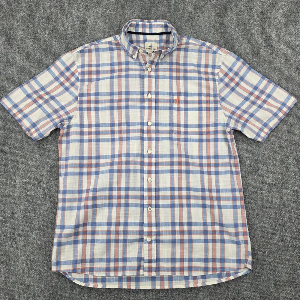 Johnnie O Shirt Mens Medium Red White Blue Plaid Hangin Out Short Sleeve Button